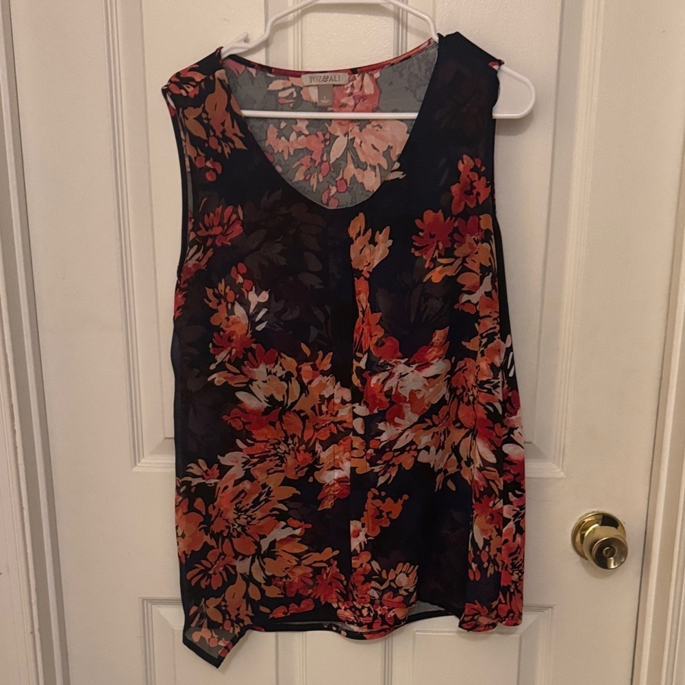 Roz & Ali Floral Sleeveless Blouse - Navy and Red/coral